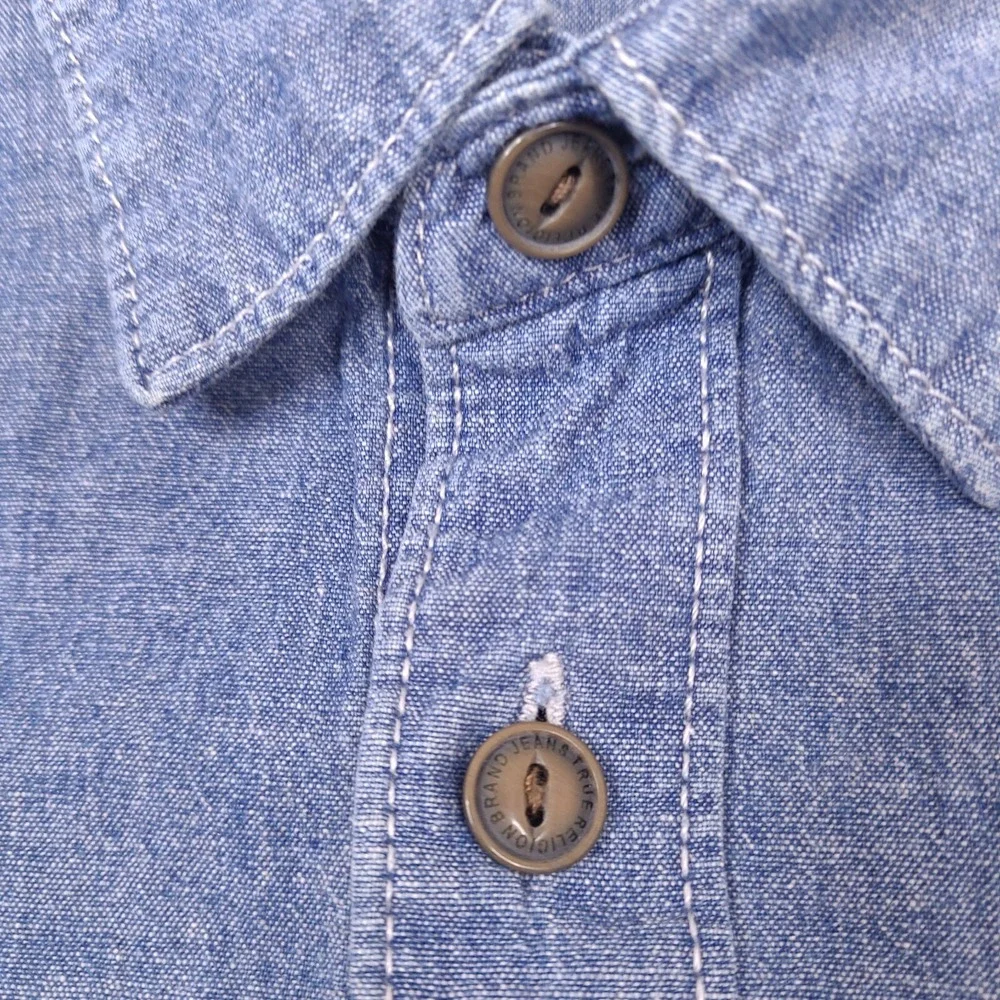 True Religion Shirt Mens Large Blue Denim Chambray Short‎ Sleeve Button Utility